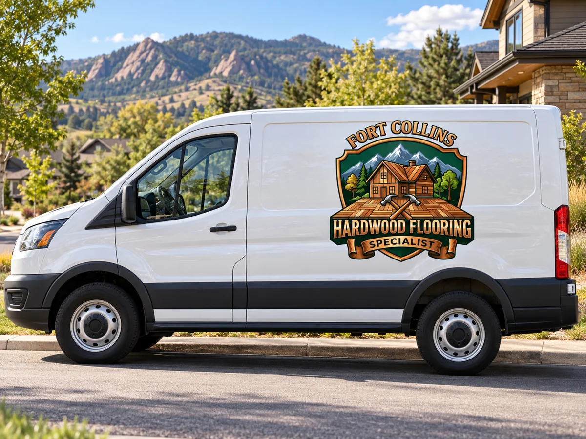 Illustrative white company van with Fort Collins Hardwood Flooring Specialist logo