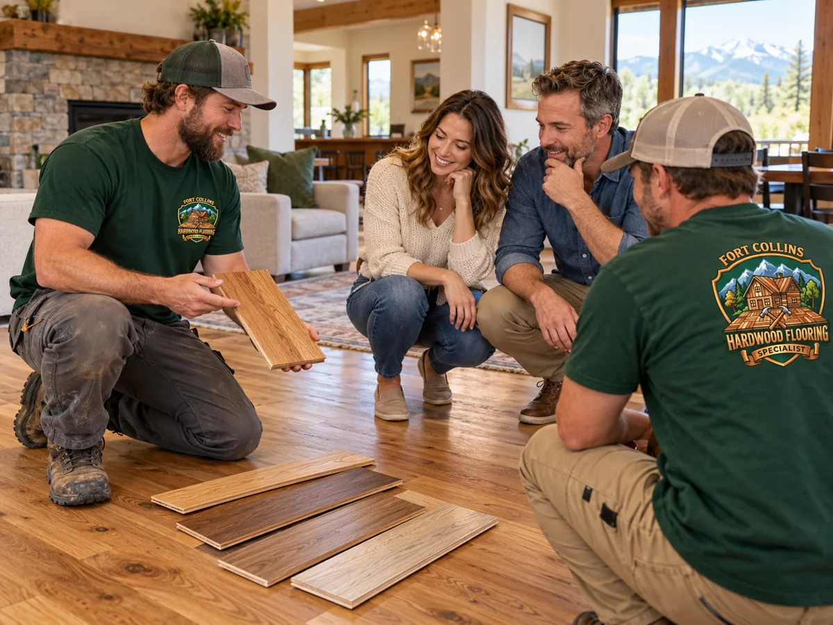 Illustration of flooring technicians discussing wood samples with homeowners