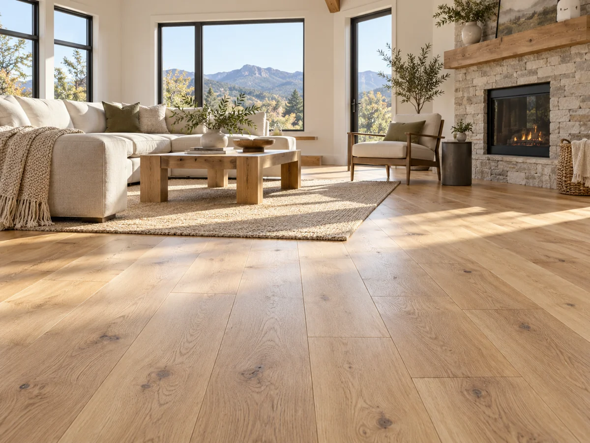 Bright living room with finished natural oak hardwood floors