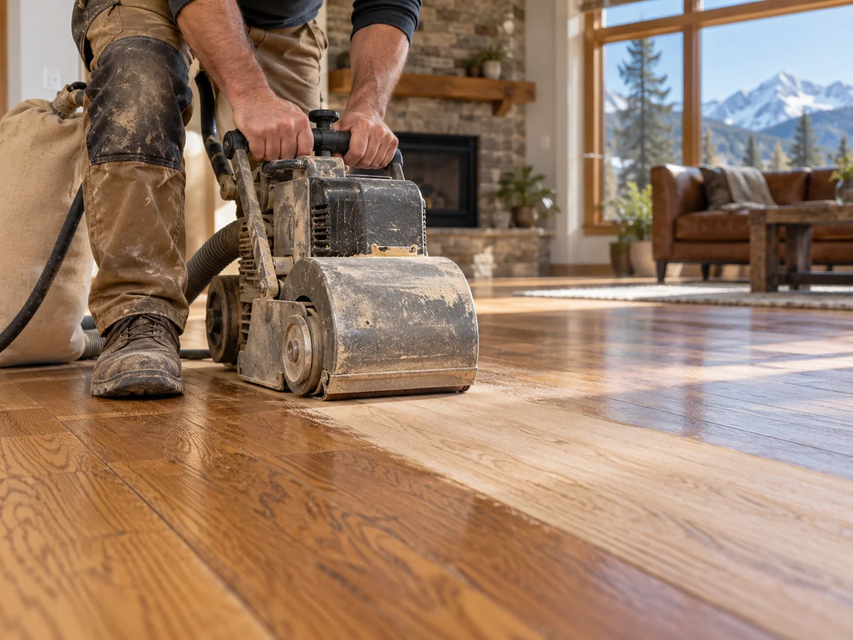 Craftsperson refinishing an existing hardwood floor