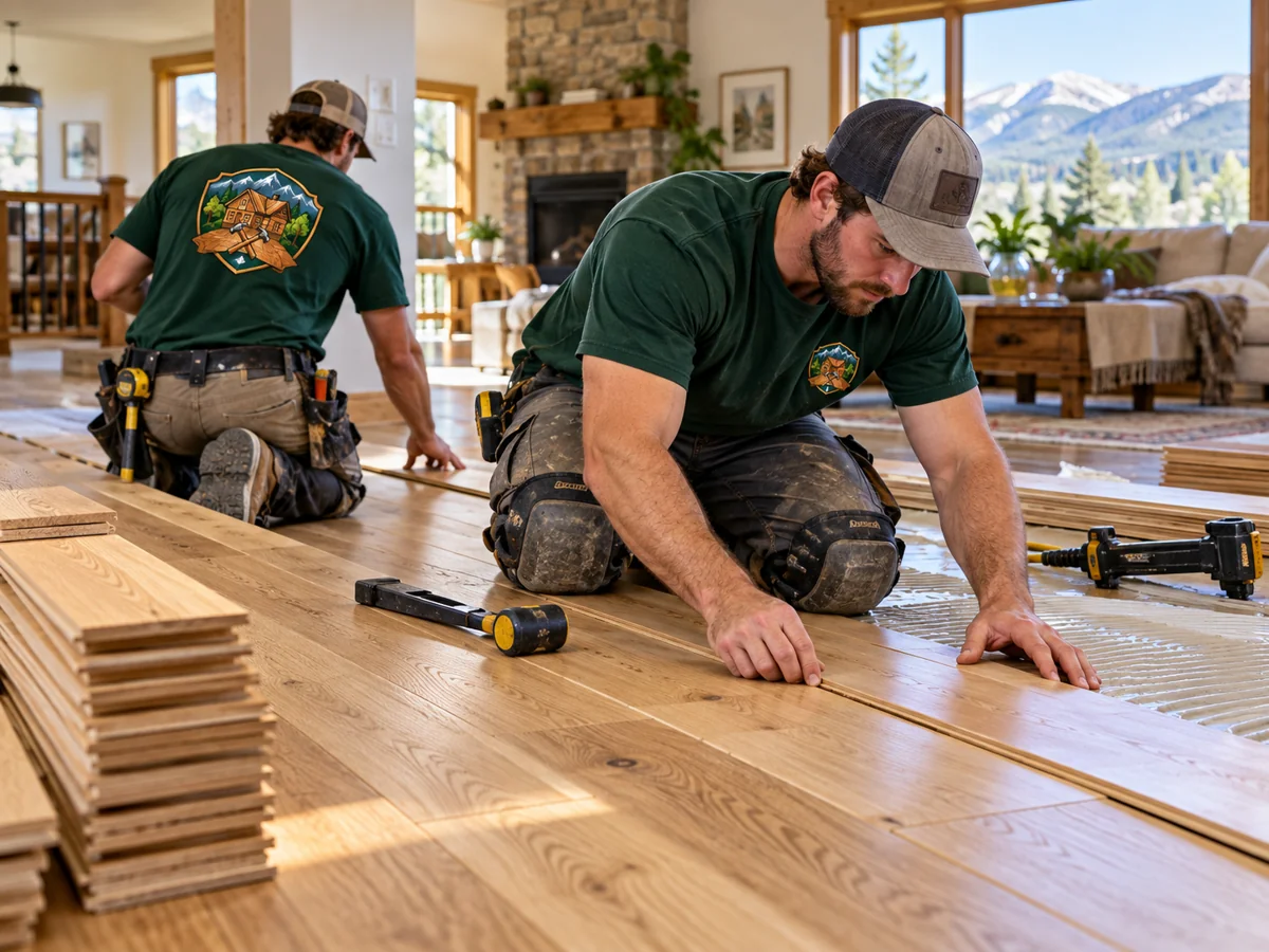 Illustrative flooring technicians installing oak planks