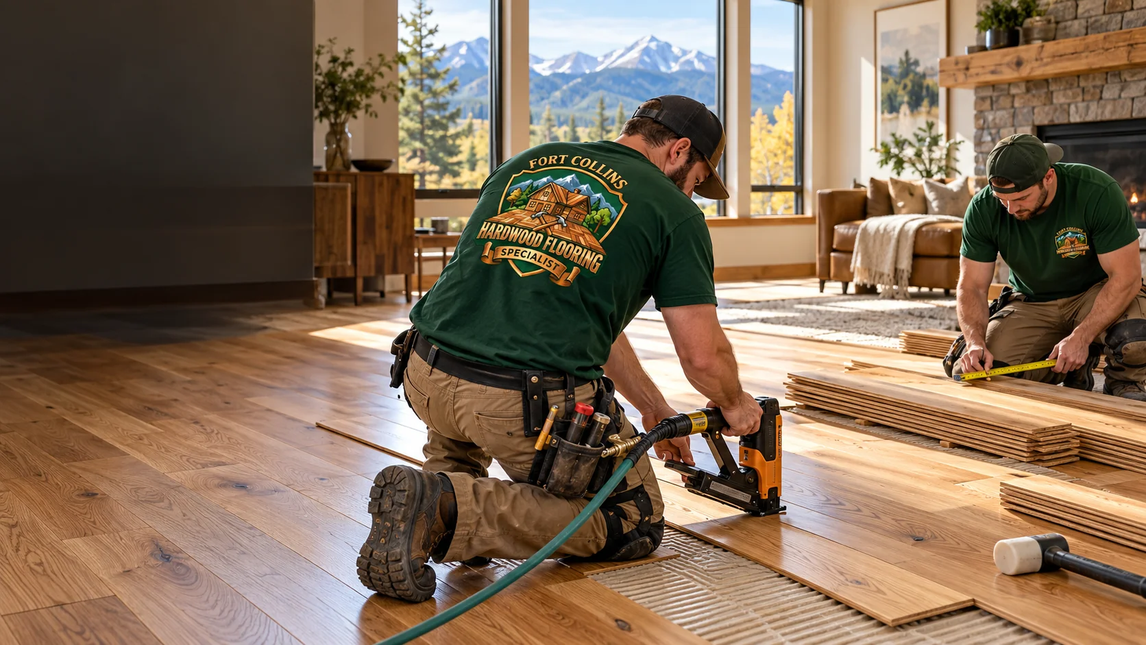 Flooring technicians working in a home wearing the company logo